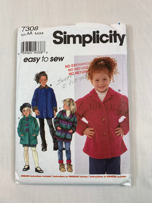 Simplicity 7308 Girls' Coat, Size 3-6, Cut, Vintage 1996