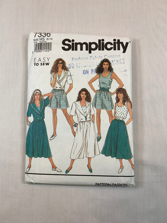 Simplicity 7336 Misses' Culottes, Skirt, Tank Top, Unlined Jacket. Size 6, Cut, Vintage 1991