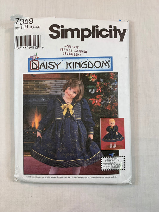 Simplicity Sewing Pattern 7359 Daisy Kingdom, Girls' Vest, Dress, 17 " Doll Vest, Dress, Size 3-6, Uncut, Vintage 1996