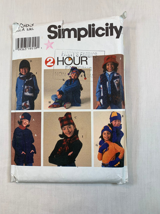 Simplicity 7363 Boys' Girls' Hats, Scarf, Boots, Mitts, Jacket, Size 4-14, Cut, Vintage 1996