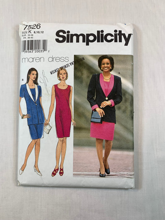 Simplicity 7526 Misses' Dress, Jacket, Size 12, Cut, Vintage 1997