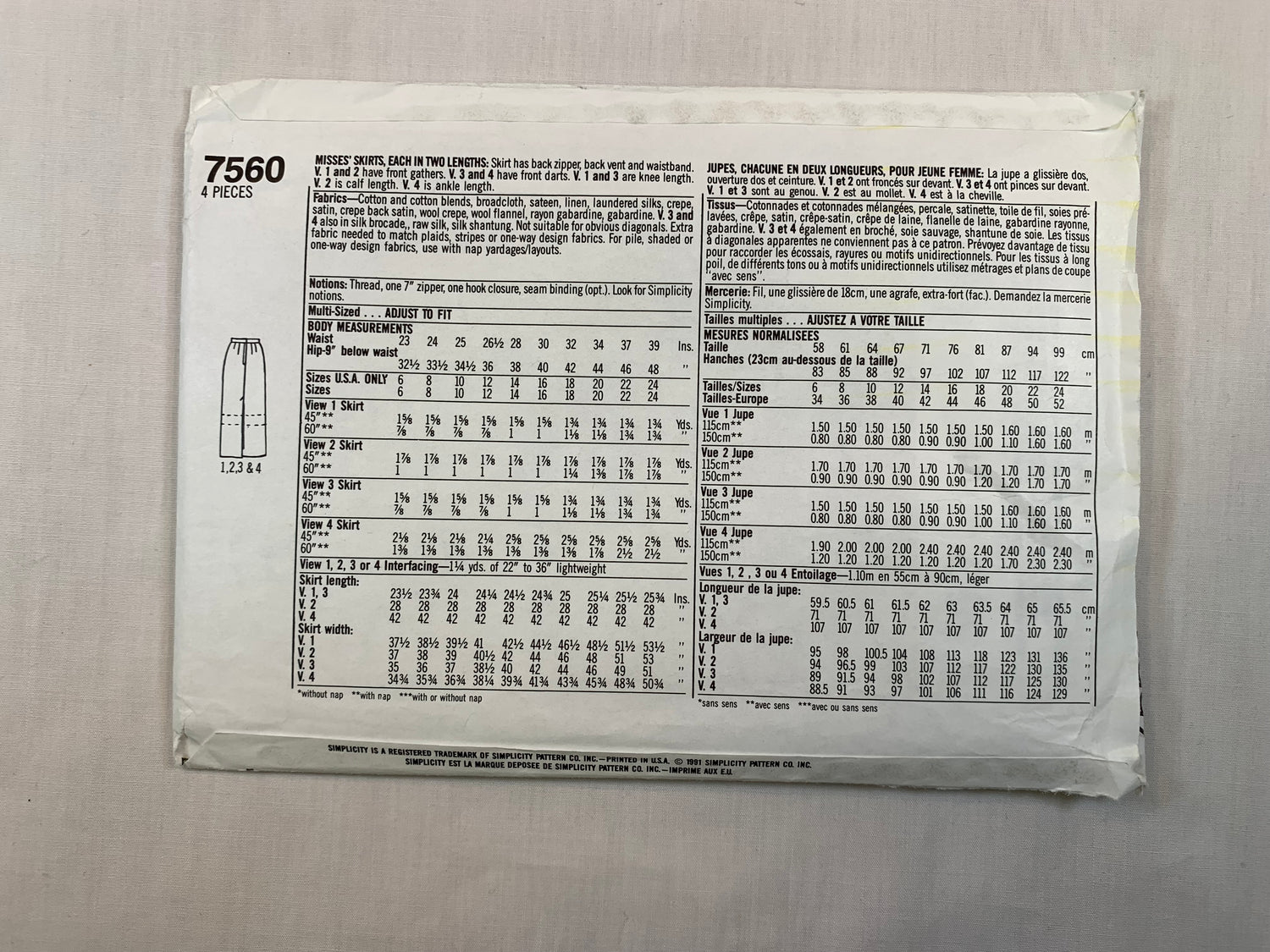 Simplicity 7560 Misses' Skirts, Size 6-12, Cut, Vintage 1991