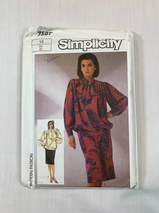 Simplicity 7587 Misses' Skirt, Blouse, Size 14, Uncut, Vintage 1986