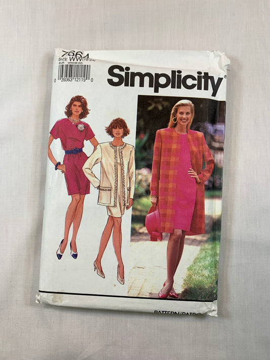 Simplicity 7664 Misses' Dress, Unlined Coat, Size 18W-24W, Uncut, Vintage 1991