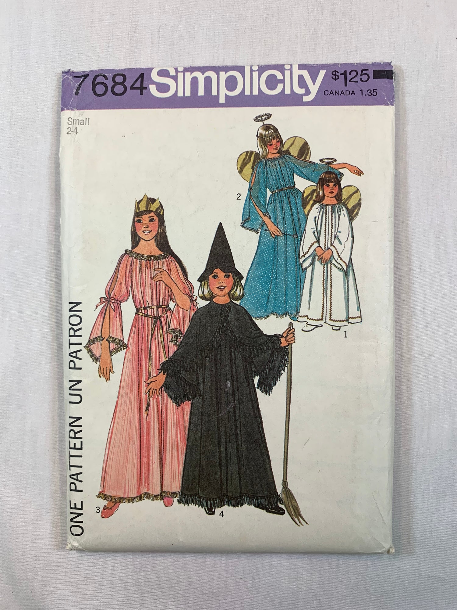 Simplicity 7684 Girls' Costumes, Angel, Fairy, Witch, Princess, Size 2-4, Cut, Vintage 1976