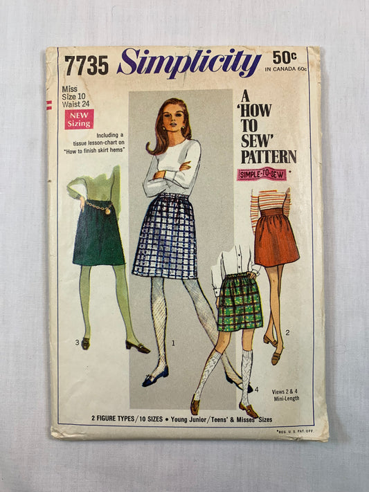 Simplicity 7735 Misses' Skirts, Size 10, Cut, Vintage 1968