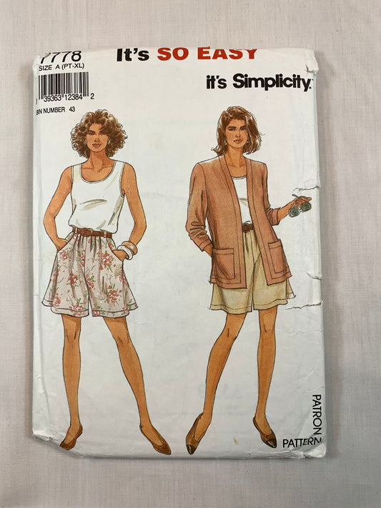 Simplicity 7778 Misses' Shorts, Top, Unlined Jacket, Size 6-24, Cut, Vintage 1992