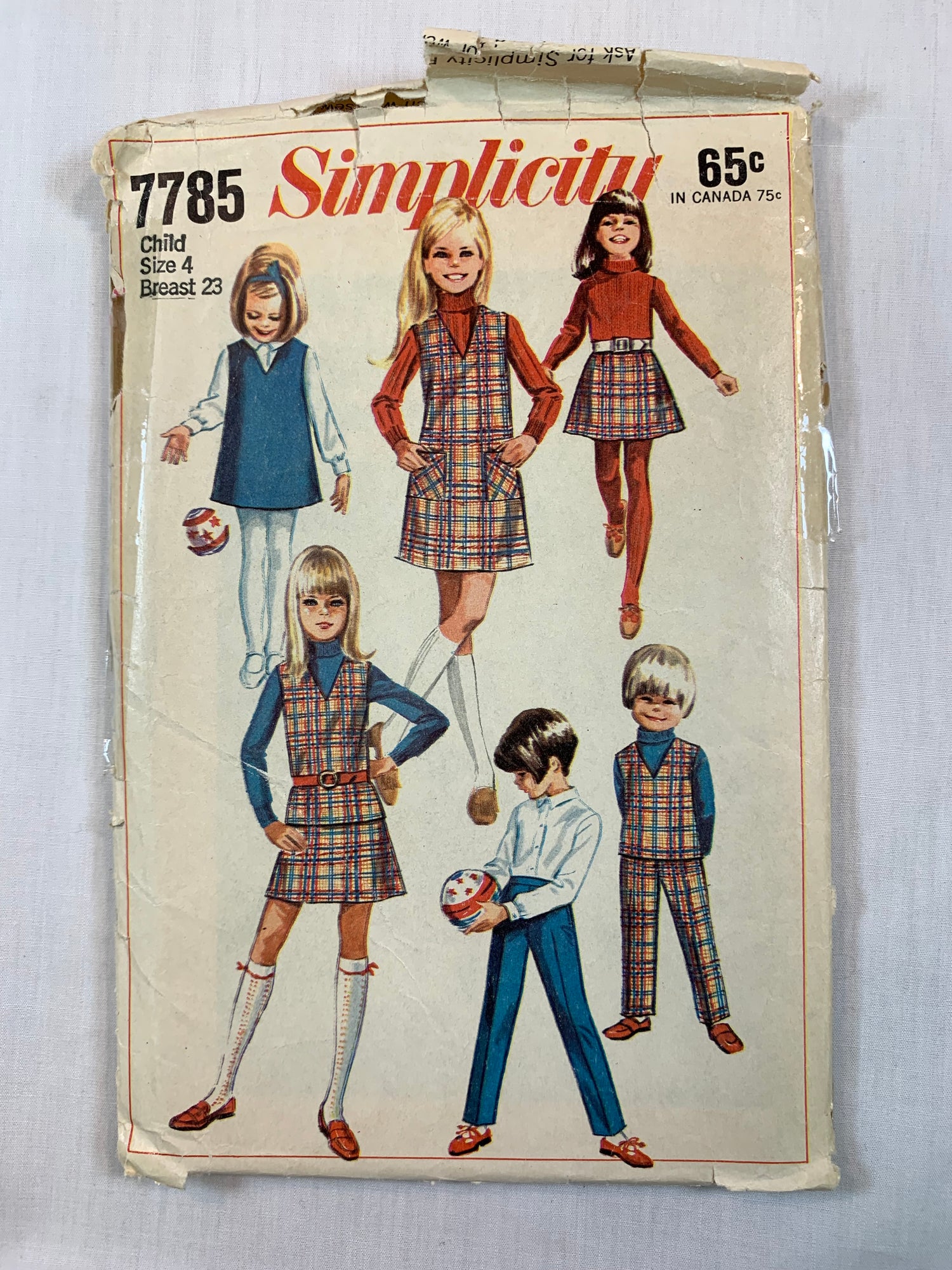 Simplicity 7785 Girls' Jumper, Top, Skirt, Pants, Size 4, Cut, Vintage 1968