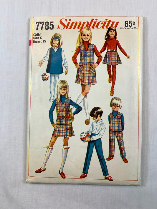 Simplicity 7785 Girls' Jumper, Top, Skirt, Pants, Size 6, Cut, Vintage 1968