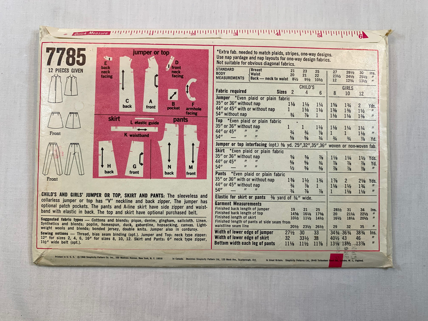 Simplicity 7785 Girls' Jumper, Top, Skirt, Pants, Size 4, Cut, Vintage 1968