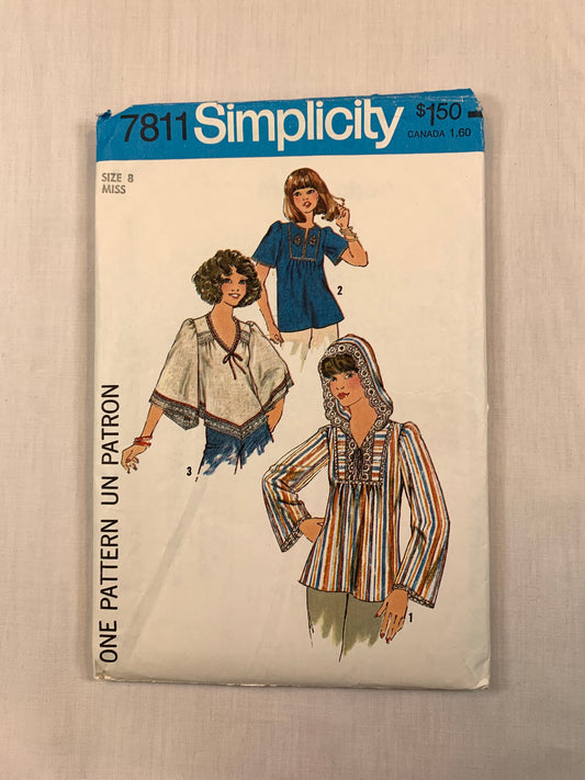Simplicity 7811 Girls' Tops, Size 8, Cut, Vintage 1976