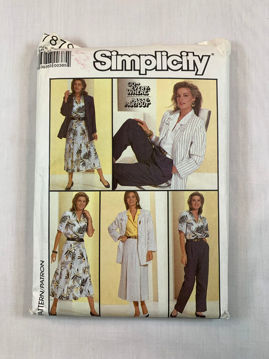 Simplicity Sewing Pattern 7879 Misses' Skirt, Pants, Blouse, Unlined Jacket. Long/Short Sleeves, Loose-Fitting, Side Zipper, Size 14, Uncut, Vintage 1987