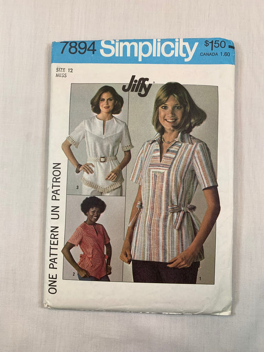 Simplicity 7894 Misses' Pullover Tops, Size 12, Cut, Vintage 1977