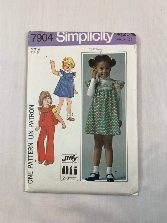 Simplicity 7904 Jiffy Girls' Jumper, Top, Pants, Size 6, Cut, Vintage 1977