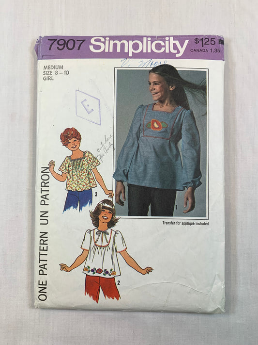 Simplicity 7907 Girls' Tops, Size 8-10, Cut, Vintage 1977