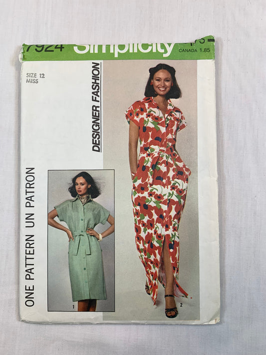 Simplicity 7924 Misses' Dress, Size 12, Cut, Vintage 1977