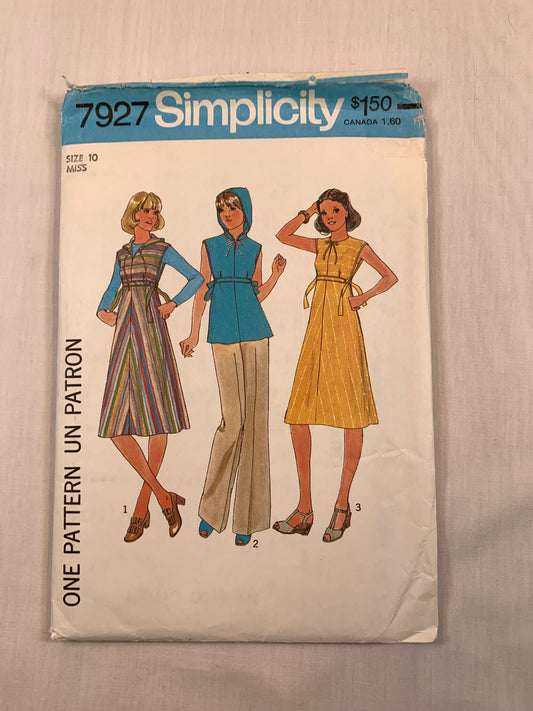 Simplicity 7927 Misses' Hooded Jumper, Dress, Size 10, Cut, Vintage 1977