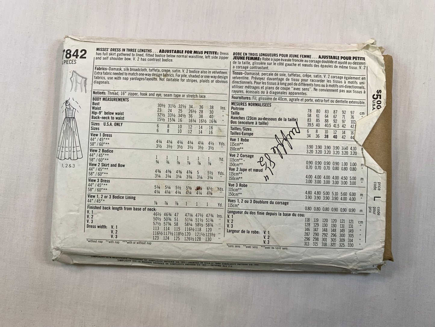 Simplicity 7842 Misses' Dress, Size 16, Cut, Vintage 1986