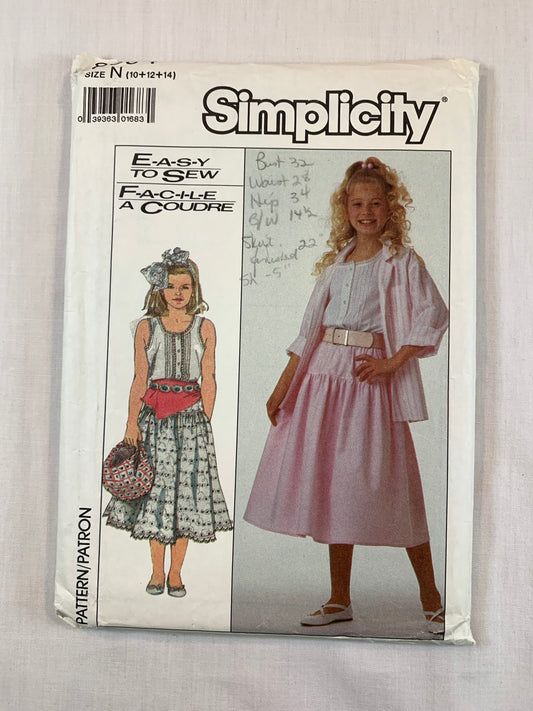 Simplicity 8094 Girls' Camisole, Pull-On Skirt, Loose-Fitting Shirt, Size10-14, Cut, Vintage 1987