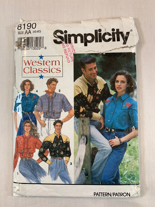 Simplicity Sewing Pattern 8190 Misses'/Men's/Teens' Western Shirt, Long/Short Sleeves, Snap/Button Front, Size 30-40, Cut, Vintage 1992