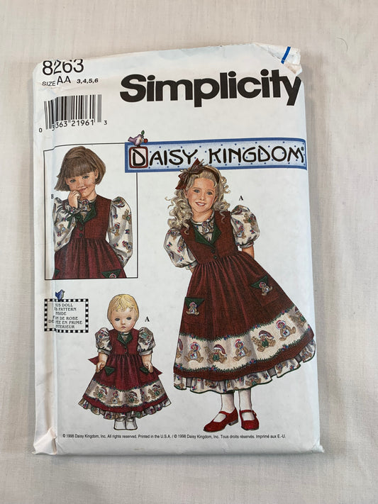 Simplicity 8263 Daisy Kingdom, Girls' Dress, 18 " Doll Dress, Size 3-6, Uncut, Vintage 1998