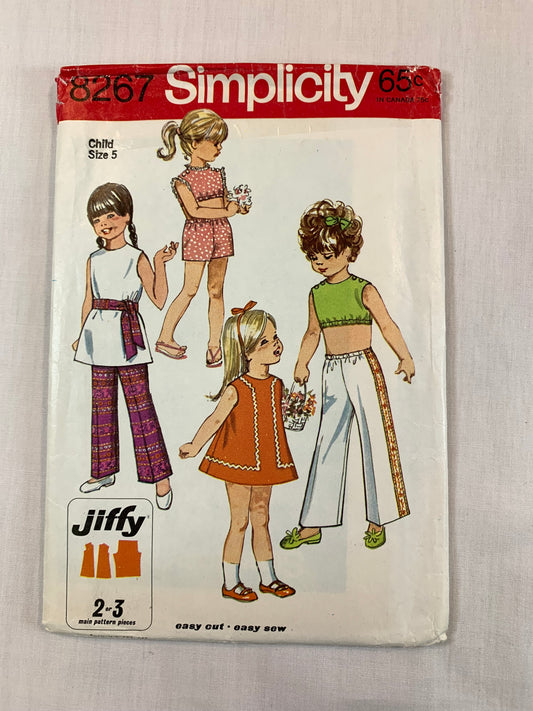 Simplicity Jiffy Sewing Pattern 8267 Girls' Dress, Top, Pants, Sash, Sleeveless, Elastic Waist, Two Lengths, Size 5, Cut, Vintage 1969