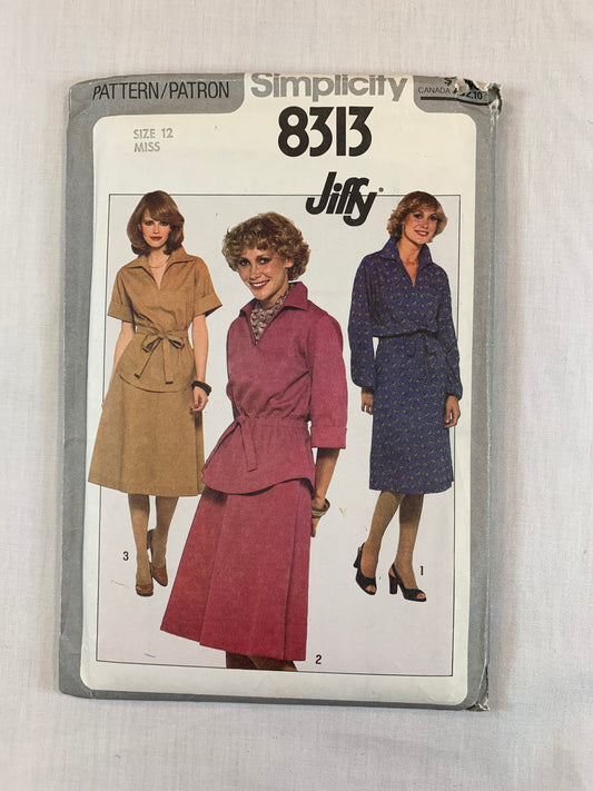 Simplicity 8313 Misses' Pullover Dress, Top, Skirt, Size 12, Cut, Vintage 1977