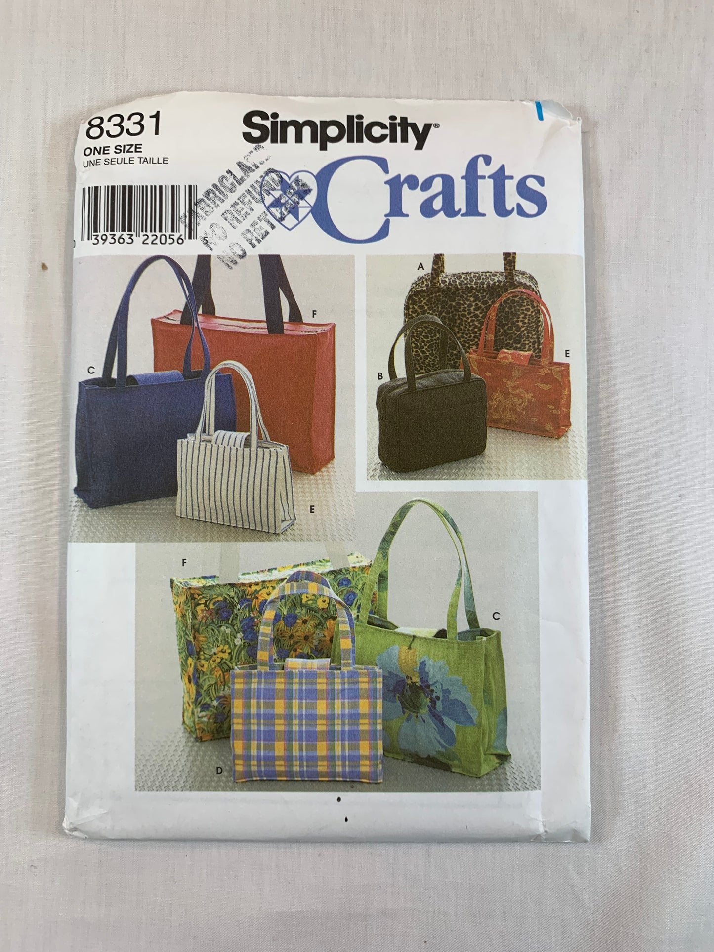 Simplicity 8331 Crafts, Shoulder Bags, Grocery, Tote, Purse, Uncut, Vintage 1998