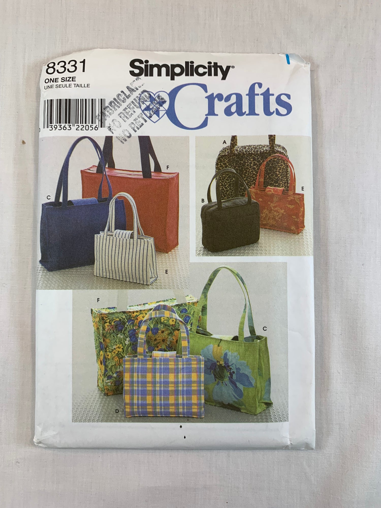 Simplicity 8331 Crafts, Shoulder Bags, Grocery, Tote, Purse, Uncut, Vintage 1998