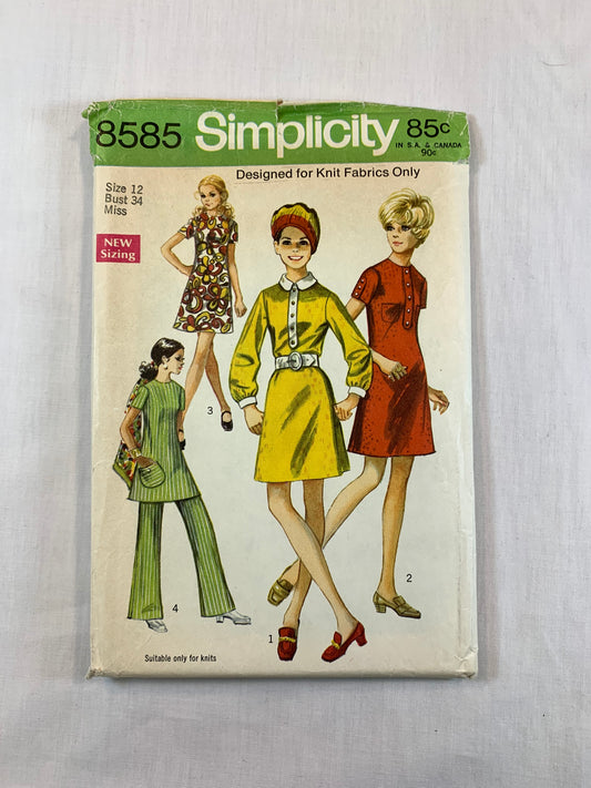 Simplicity 8585 Misses' Dress, Tunic, Pants, Size 12, Cut, Vintage 1969