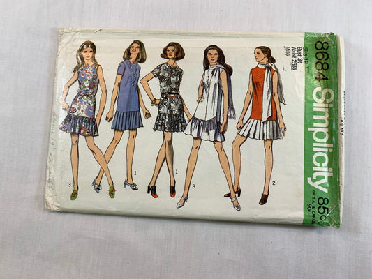 Simplicity 8684 Misses' Mini-Dress, Scarf, Size 12, Cut, Vintage 1970