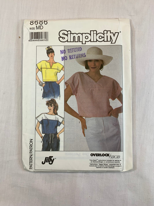 Simplicity 8686 Misses' Pullover Tops, Size 14-16, Uncut, Vintage 1988