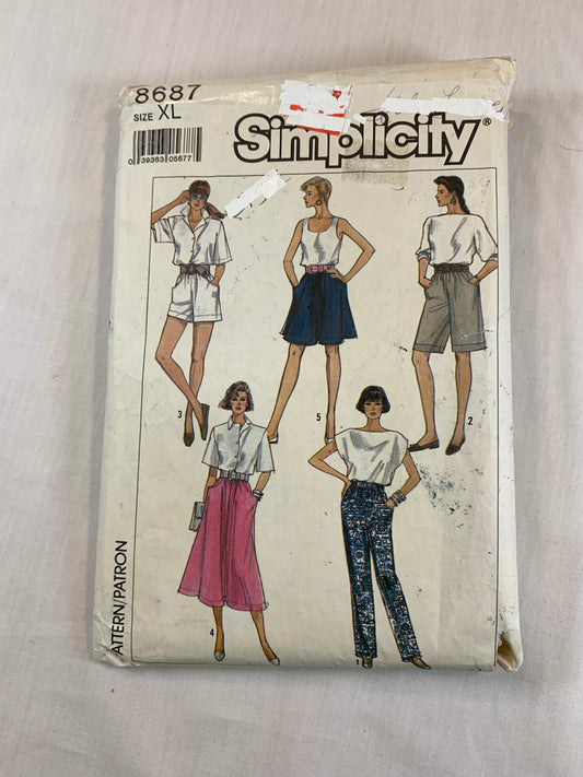 Simplicity 8687 Misses' Skirts, Pants, Shorts, Pants, Size 22-24, Cut, Vintage 1988