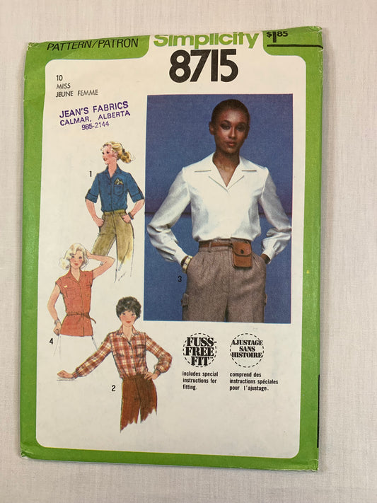 Simplicity 8715 Misses' Blouse, Belt, Size 10, Cut, Vintage 1978