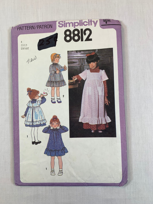 Simplicity Sewing Pattern 8812 Child's Dress, Pinafore,Two Lengths, Ruffles, Button Back, Pockets, Size 4, Cut, Vintage 1970