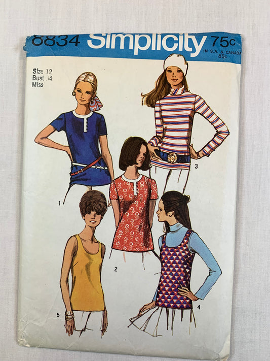 Simplicity 8834 Misses' Blouses, Tank Top, Size 12, Uncut, Vintage 1970