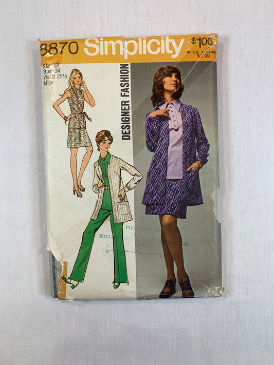 Simplicity 8870 Misses' Over Blouse, Mini-Skirt, Pants, Unlined Jacket, Size 12, Uncut, Vintage 1972