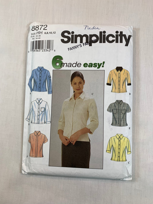 Simplicity Sewing Pattern 8872 Misses' Shirt, Long/Short Sleeves, Button Front, Collar, Semi-Fitted, Size 6-12, Uncut, Vintage 1999