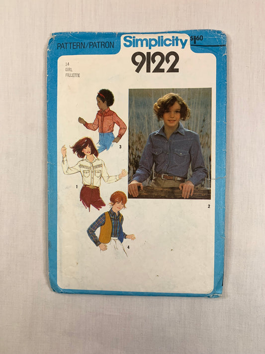 Simplicity 9122 Girls' Western Shirt, Reversible Vest, Size 14, Cut, Vintage 1979