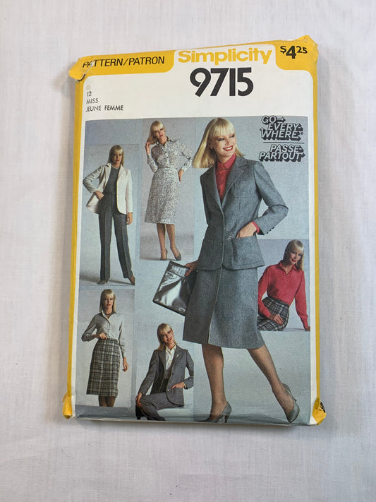 Simplicity Sewing Pattern 9715 Misses' Shirt, Skirt, Pants, Unlined Jacket, Button Front, Pockets, Collar, Zipper Front, Size 12, Cut, Vintage 1980