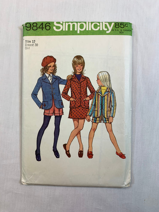 Simplicity 9846 Girls' Unlined Jacket, Skirt, Shorts, Size 12, Uncut, Vintage 1971