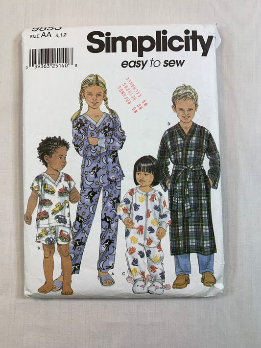 Simplicity Sewing Pattern 9853 Toddlers' Boys' Girls' Pajamas,Elastic Waist, Tie Belt, Long/Short Sleeves, Loungewear, Top, Pants, Robe, Sleepers, Size 1/2-2, Cut, Vintage 1999t
