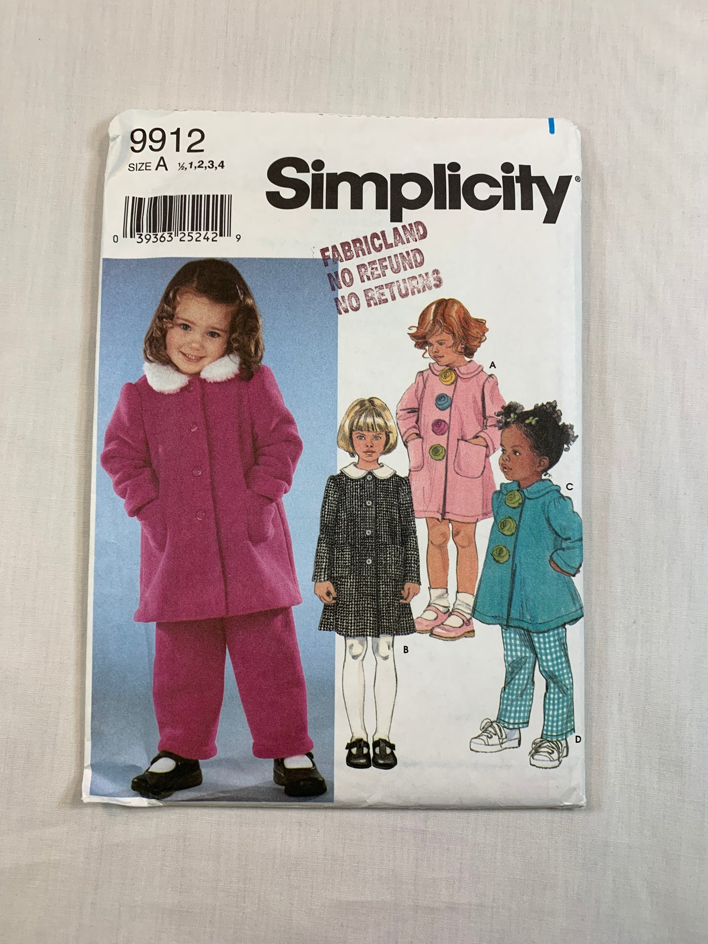 Simplicity 9912 Toddlers' Jacket, Coat, Pants, Size 1\2-4, Uncut, 2001