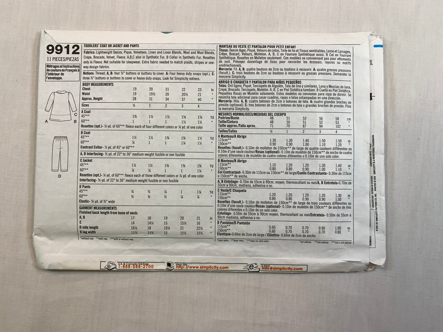 Simplicity 9912 Toddlers' Jacket, Coat, Pants, Size 1\2-4, Uncut, 2001