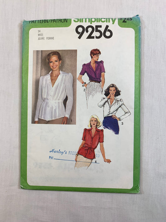 Simplicity 9256 Misses' Blouse, Tie Belt, Size 14, Cut, Vintage 1979
