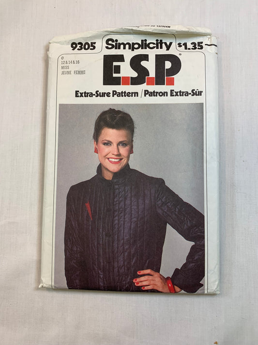 Simplicity 9305 Misses' Unlined Quilted Jacket, Size 12-14, Cut, Vintage 1979