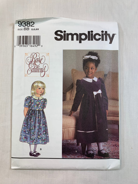 Simplicity 9382 Girls' Dress, Size 5-6X, Uncut, Vintage 1995