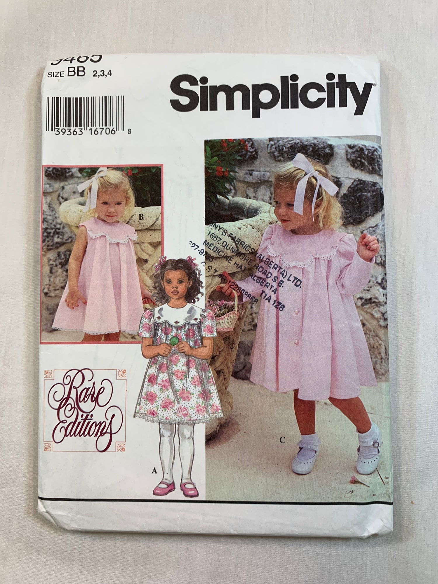 Simplicity 9465 Toddlers' Girls' Dress, Coat, Size 2-4, Uncut, Vintage 1995