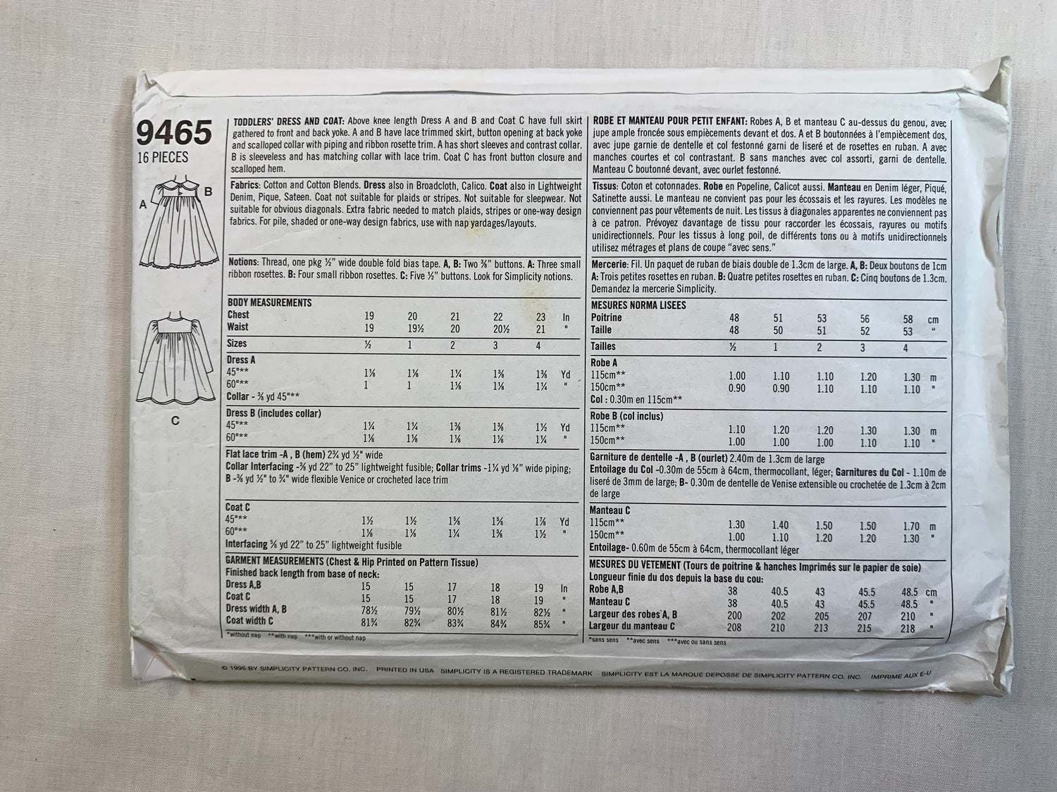 Simplicity 9465 Toddlers' Girls' Dress, Coat, Size 2-4, Uncut, Vintage 1995