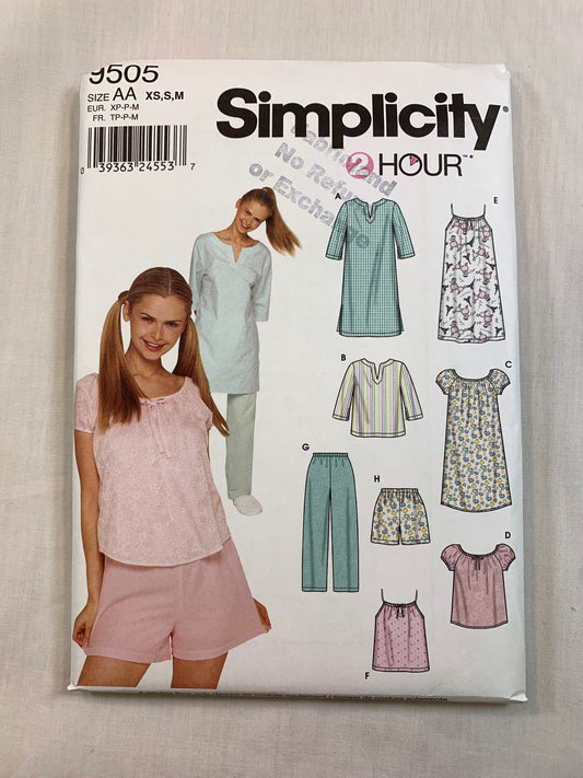 Simplicity 9505 Girls' Nightgown, Pajamas, Top, Pants, Shorts, Nightshirt, Size 6-16 Uncut, 2000